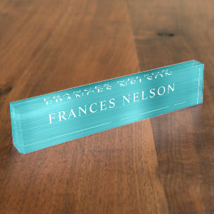 Porte-nom Pour Bureau Turquoise Bleu Aspect Métallisé Sérif Élégant