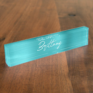 Porte-nom Pour Bureau Turquoise Blue Ombre Foil Moderne Brush Script