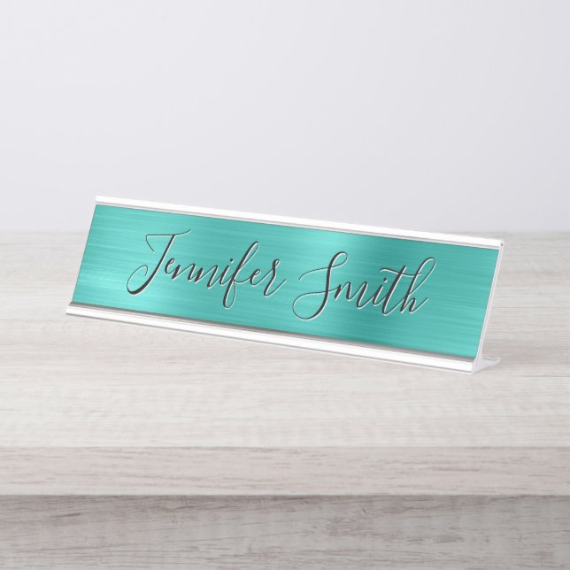Porte-nom Pour Bureau Turquoise Faux Brossé Foil Moderne Calligraphie (Devant)