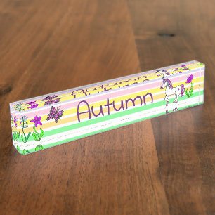 Porte-nom Pour Bureau Unicorne personnalisée, papillon et fleurs