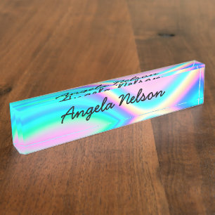 Porte-nom Pour Bureau Vague arc-en-ciel Aqua Rose Iridescente