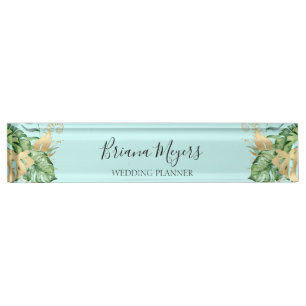 Porte-nom Pour Bureau Vert moderne Tropical Feuilles Turquoise Blue Busi
