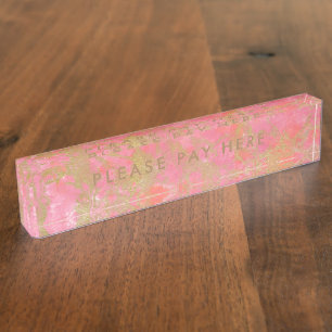 Porte-nom Pour Bureau Veuillez payer ici Signer Pink Marble Gold Busines