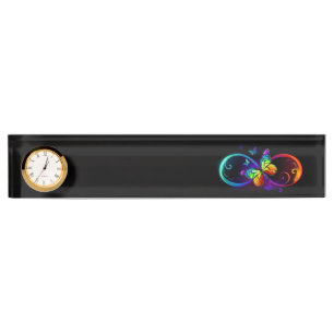 Porte-nom Pour Bureau Vibrant infinity with rainbow butterfly on black
