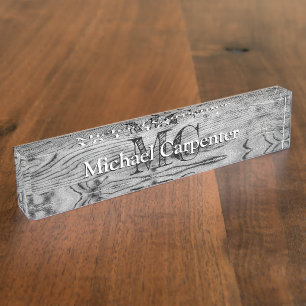 Porte-nom Pour Bureau Vintage rustique gris noir bois brûlé Monogramme