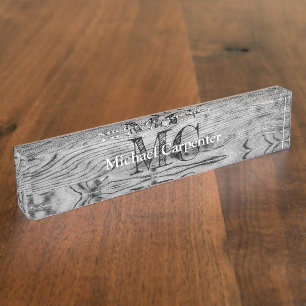 Porte-nom Pour Bureau Vintage rustique gris noir bois brûlé Monogramme