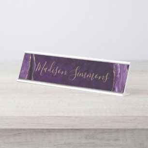 Porte-nom Pour Bureau Violet violet Or Agate Géode Feminine Script