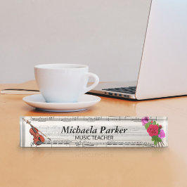 Porte-nom Pour Bureau Violon et Rose Vintage Feuille de musique Nom Plaq