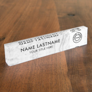 Porte-nom Pour Bureau Votre logo Moderne minimaliste Marbre gris blanc