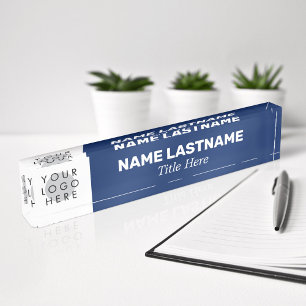 Porte-nom Pour Bureau Votre logo Nom moderne Titre Simple Marine Bleu