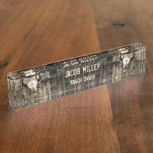 Porte-nom Pour Bureau Western Bull Skull Sepia Vintage Rustic