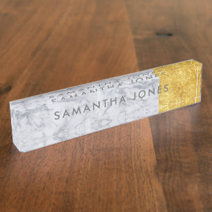 Porte-nom Pour Bureau White Carrara Marble Gold Classic Personalised