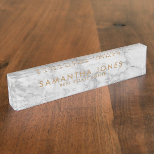 Porte-nom Pour Bureau White Carrara Marble Gold Classic Personalised