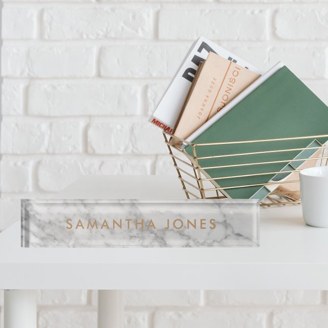Porte-nom Pour Bureau White Carrara Marble Gold Classic Personalised (Créateur téléchargé)