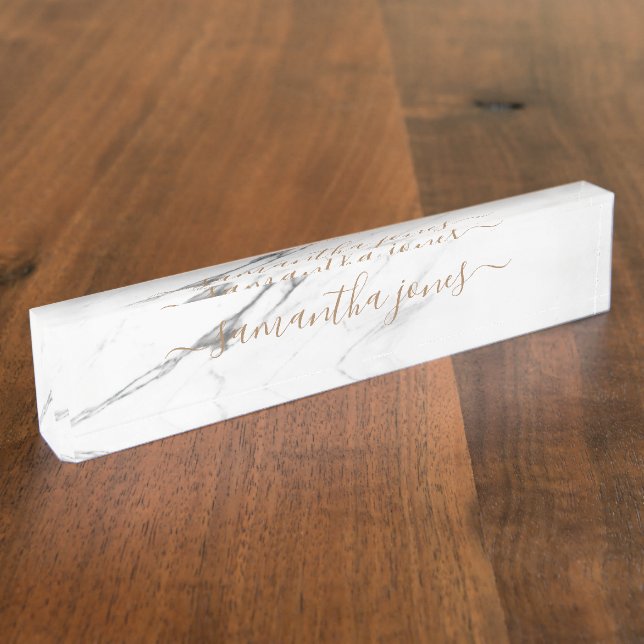 Porte-nom Pour Bureau White Carrara Marble Gold Classic Personalised (Taille)