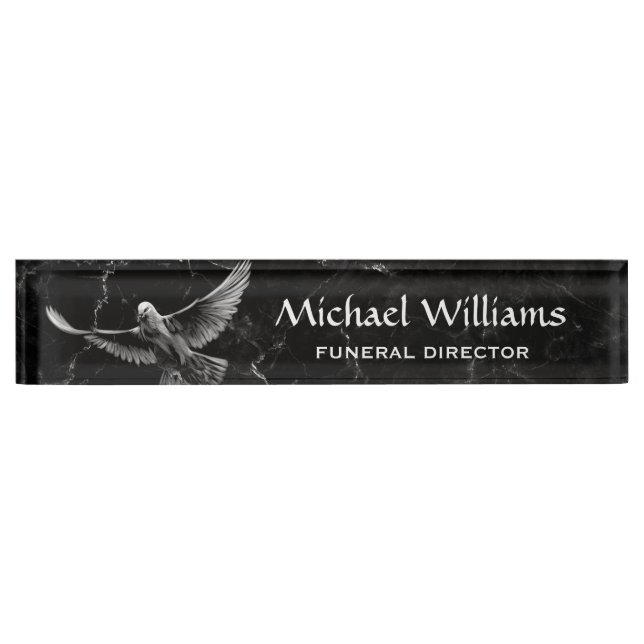 Porte-nom Pour Bureau White Dove Black Marble Directeur funéraire  (Devant)