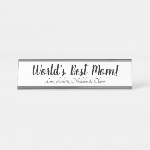 Porte-nom Pour Bureau World’s Best Mom noir blanc script personnalisé él