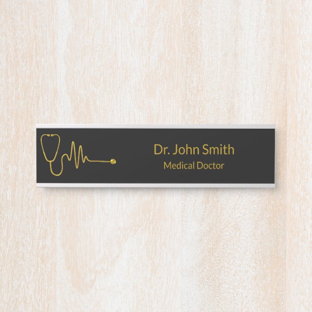 Porte-nom Pour Porte Luxury Stethoscope ECG Wave EKG Line Medical Gold (Devant)