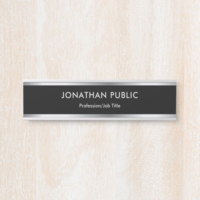 Porte-nom Pour Porte Modèle Noir Et Argent Professionnel Moderne (Devant)