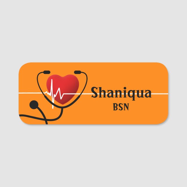Porte-nom Red Heart EKG et Stethoscope Tangerine Médicale (Devant)