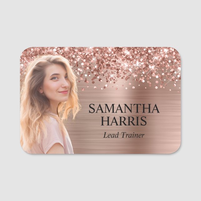 Porte-nom Rose Glitter Gold Foil découpe photo (Devant)