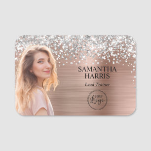 Porte-nom Rose Gold Pailleté Argent Découpe Logo Photo