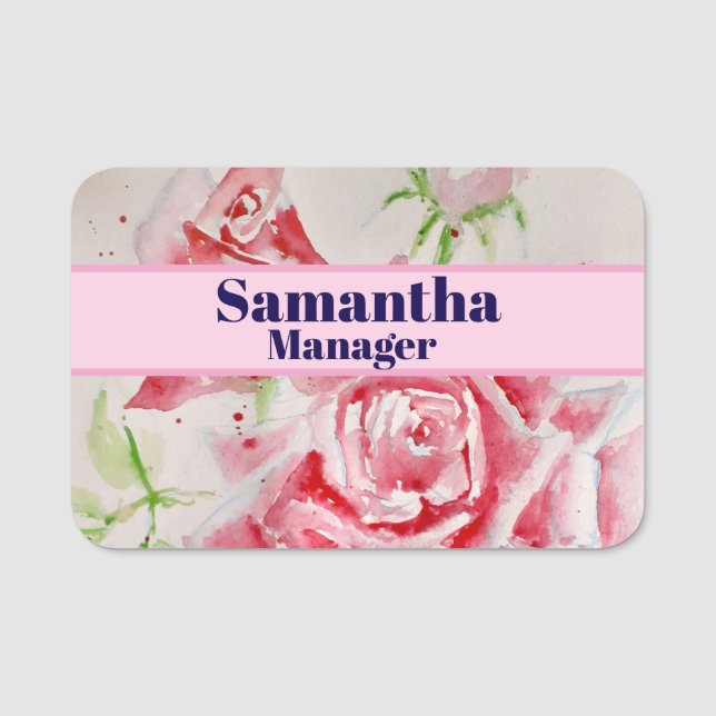 Porte-nom Rose rouge Shabby Chic Aquarelle Rose Rose Floral (Devant)