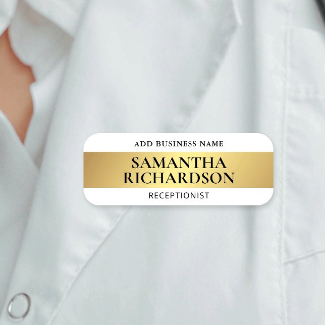 Porte-nom Salon de beauté moderne White & Gold Employé (Modern white and gold effect employee name tags for business with custom text)