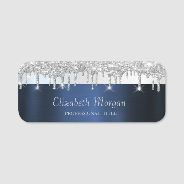 Porte-nom Silver Glitter Drips Navy Blue (Devant)