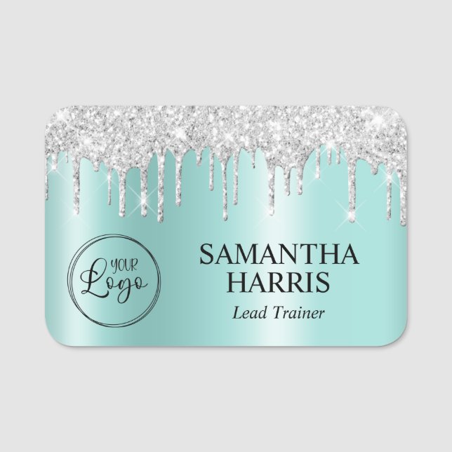 Porte-nom Silver Glitter Drips Pale Teal Ombre (Devant)