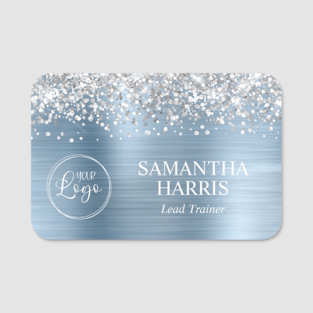 Porte-nom Silver Glitter Light Blue Foil Logo Title (Devant)
