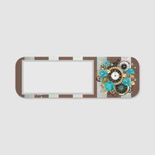 Porte-nom Steampunk Clock and Turquoise Roses on Striped