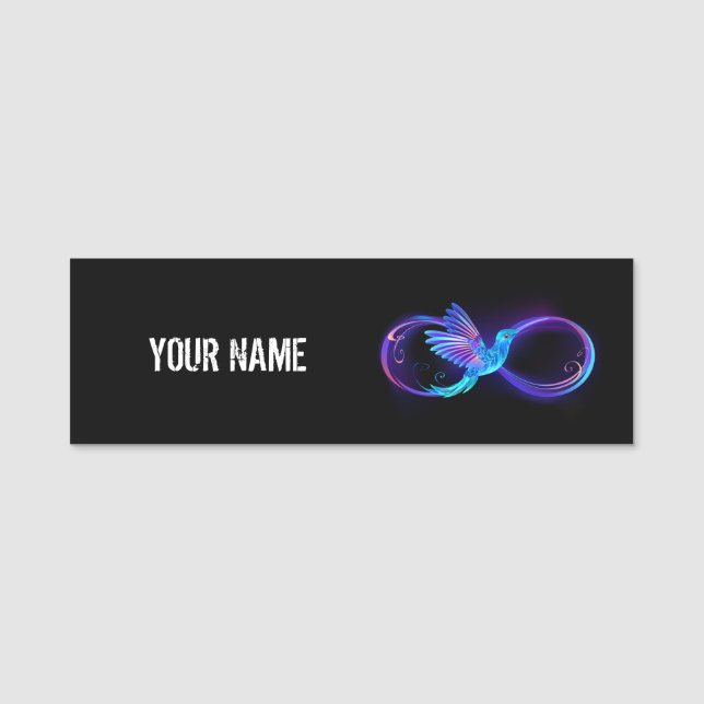 Porte-nom Symbole d'infini néon avec colibri brillant (Devant)