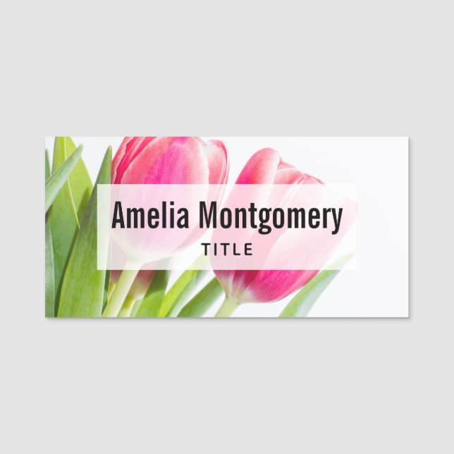 Porte-nom Tulipes roses avec Feuille vert photo (Devant)