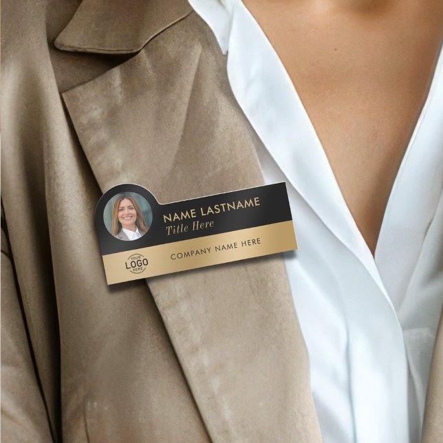 Porte-nom Votre logo photo Sleek Faux Gold Black Style (Créateur téléchargé)