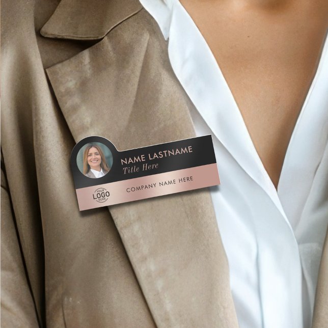 Porte-nom Votre logo photo Sleek Faux Rose Gold Black Style (Créateur téléchargé)