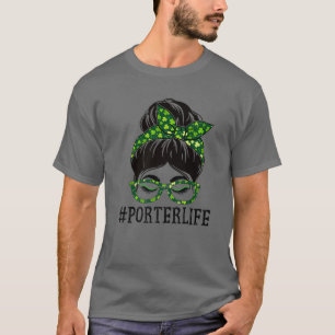 Porter Women Messy Bun St Patrick's Day Kleeblatt T-Shirt