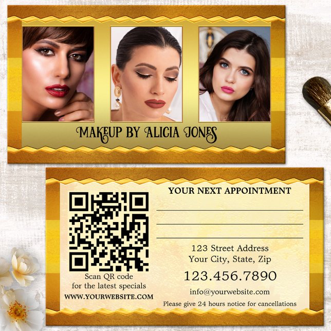 Portfolio Foto Makeuty Beauty Terminkarte (Elegant photo appointment business card in gold artistic style with QR code template - makeup artist)