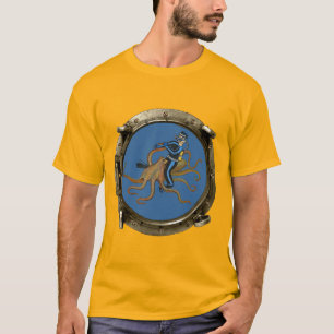 Porthole Aussicht auf einen SCUBA Diver Reiten und T-Shirt