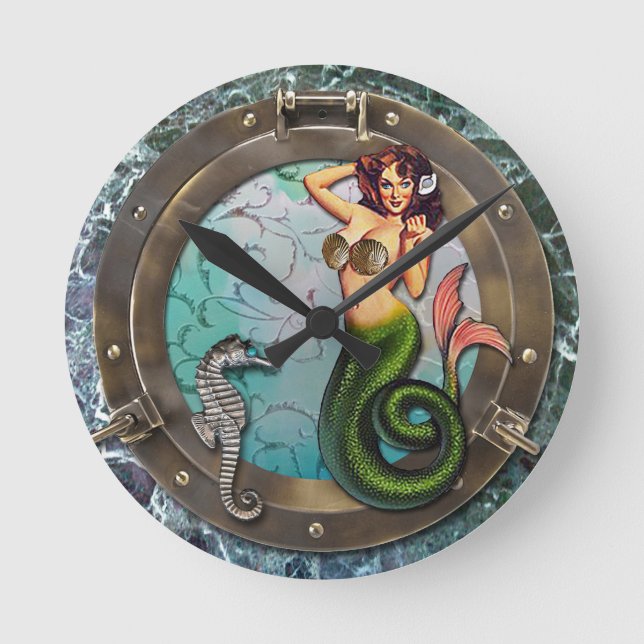 PORTHOLE MERMAID, original Art mermaids Runde Wanduhr (Vorderseite)