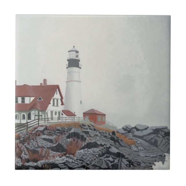 Portland Head Light in Nebel Fliese (Vorderseite)