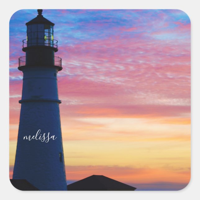 Portland Head Light Sunrise Maine Lighthouse Quadratischer Aufkleber (Vorderseite)
