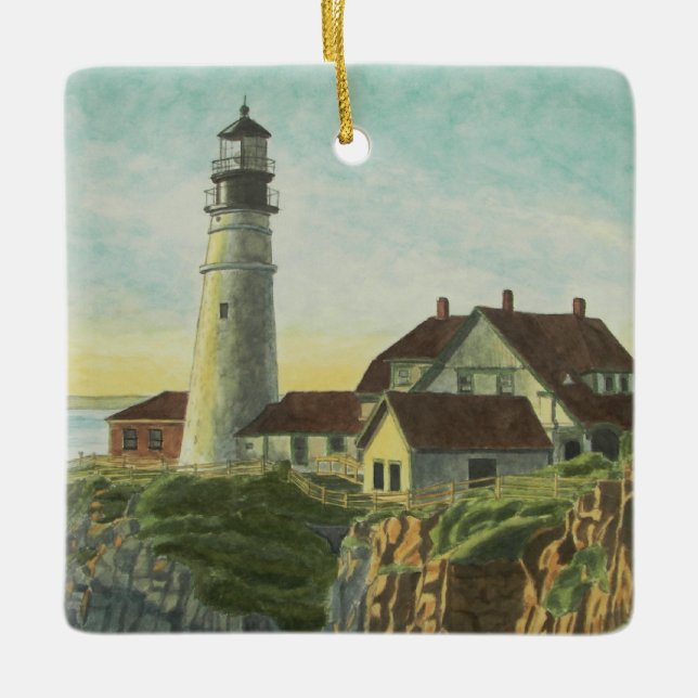 Portland Head Light Watercolor Keramikornament (Vorderseite)