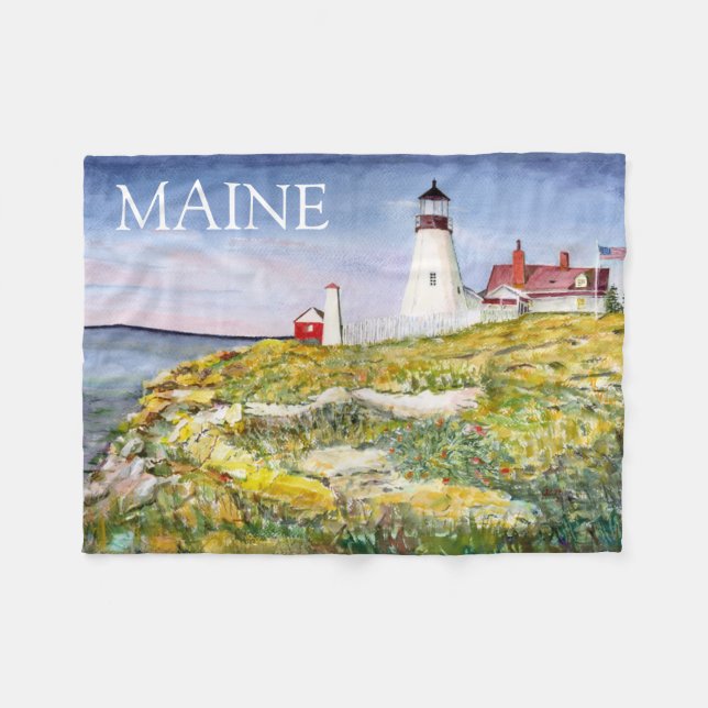 Portland Head Lighthouse Maine Aquarellmalerei Fleecedecke (Vorderseite (Horizontal))