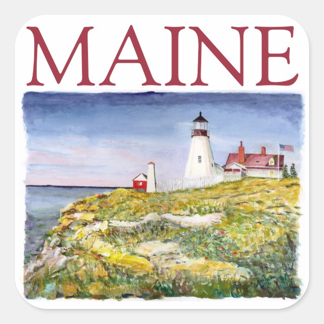 Portland Head Lighthouse Maine Aquarellmalerei Quadratischer Aufkleber (Vorderseite)