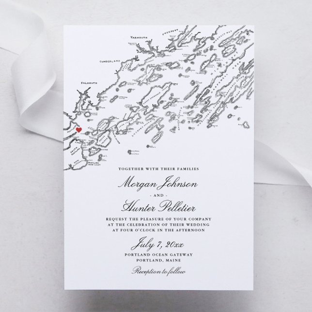 Portland Maine Elegant noir et blanc Mariage carte (Portland Maine Elegant Black and White Map wedding invitations)