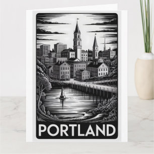 Portland Maine Skyline Schwarz Weiß Holzschnitt Karte