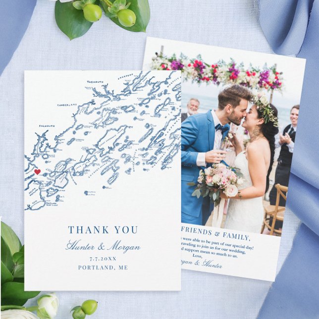 Portland Maine Wedding Flat Dankeskarte (These Portland Maine map thank you notes feature your wedding photo and personalized message)