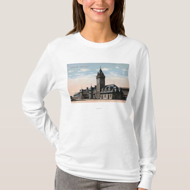 Portland, MaineUnion Stations-Eisenbahn-Ansicht T-Shirt (Vorderseite)