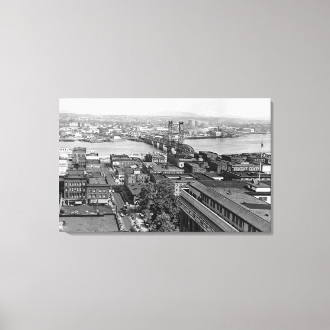 Portland, ODER Aussicht auf Stadt und Hawthorne Br Leinwanddruck (Vorderseite)